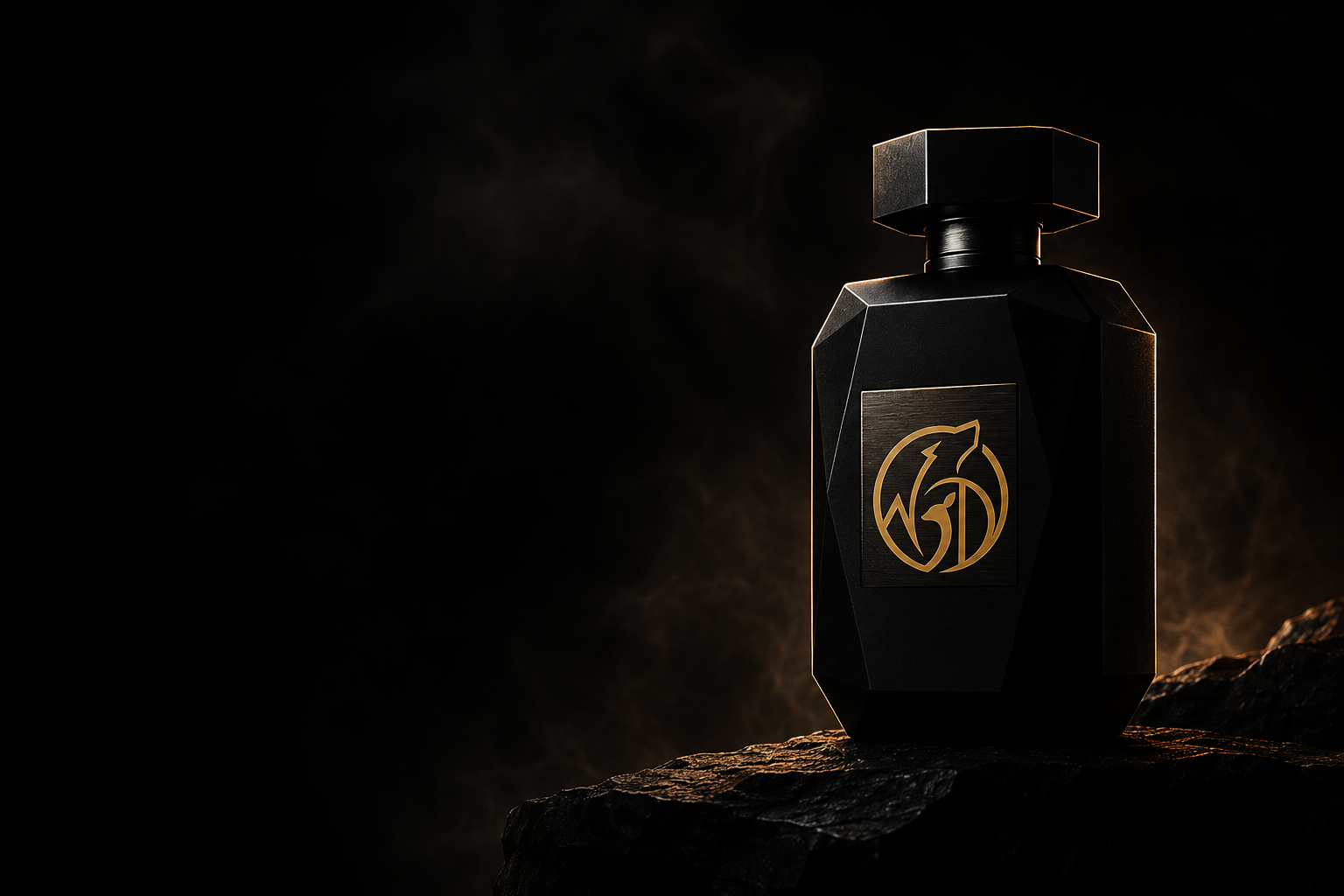 Matte black Wolf and Deer fragrance bottle in bronze light